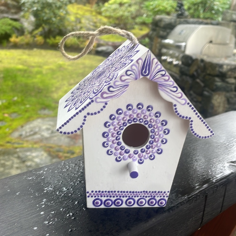 Purple haze, birdhouse, MANTALA art. This is protected with a clear sealant.